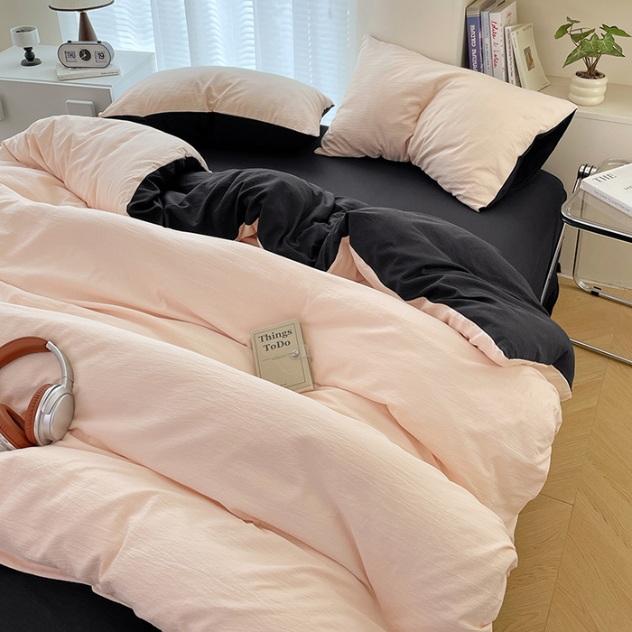 91家纺网 家纺一手货源 找家纺 彩韵家纺 2025新款超柔云感m双层纱四件套 双拼-蜜豆粉+曜石黑