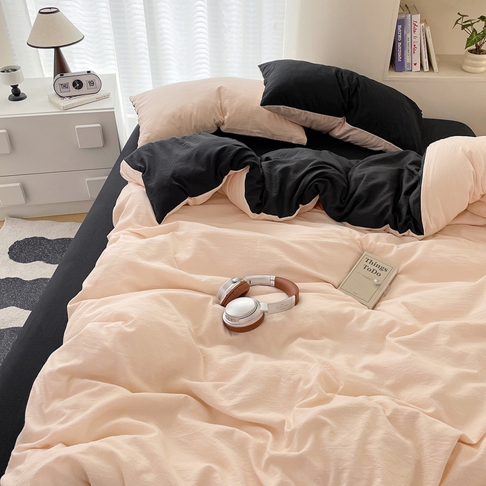 91家纺网 家纺一手货源 找家纺 彩韵家纺 2025新款超柔云感m双层纱四件套 双拼-蜜豆粉+曜石黑