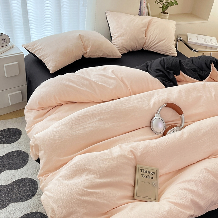 91家纺网 家纺一手货源 找家纺 彩韵家纺 2025新款超柔云感m双层纱四件套 双拼-蜜豆粉+曜石黑