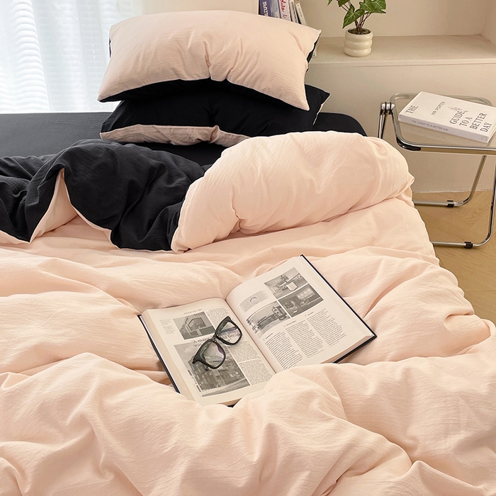 91家纺网 家纺一手货源 找家纺 彩韵家纺 2025新款超柔云感m双层纱四件套 双拼-蜜豆粉+曜石黑