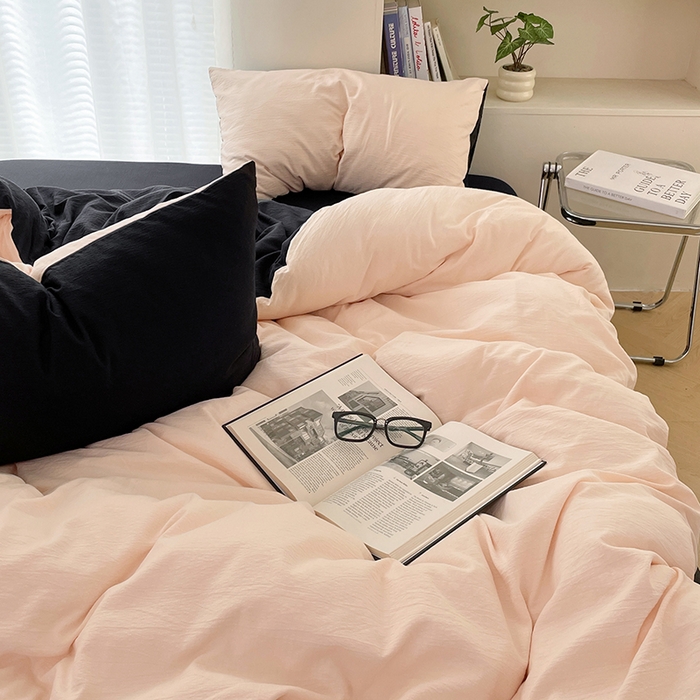 91家纺网 家纺一手货源 找家纺 彩韵家纺 2025新款超柔云感m双层纱四件套 双拼-蜜豆粉+曜石黑