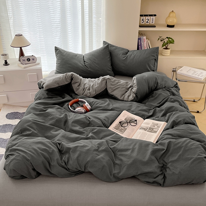 彩韵家纺 2025新款超柔云感m双层纱四件套 双拼-情调黑+典雅灰