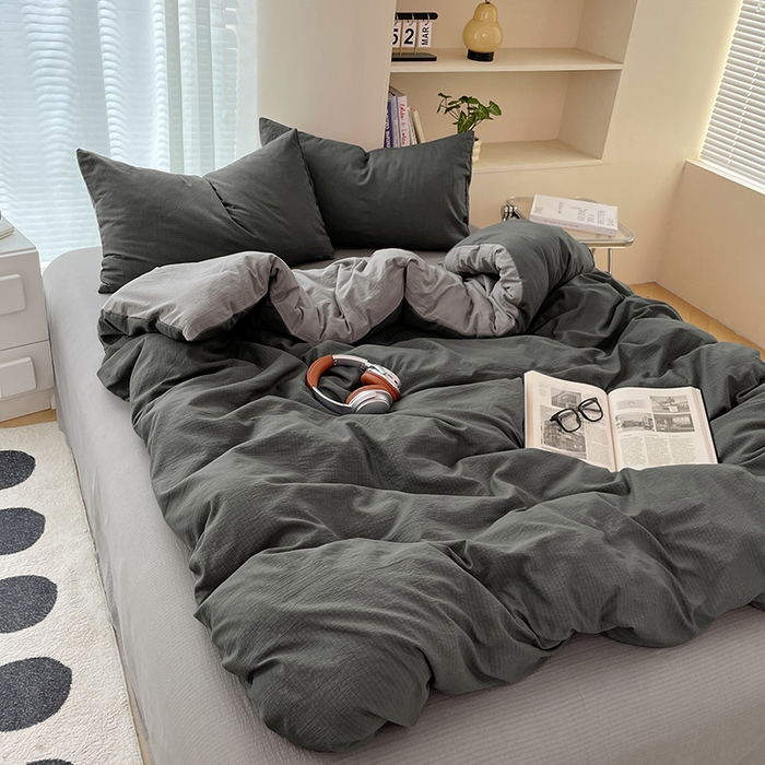 91家纺网 家纺一手货源 找家纺 彩韵家纺 2025新款超柔云感m双层纱四件套 双拼-情调黑+典雅灰