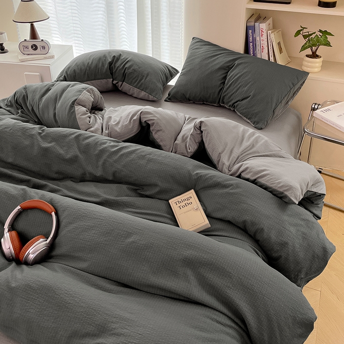 91家纺网 家纺一手货源 找家纺 彩韵家纺 2025新款超柔云感m双层纱四件套 双拼-情调黑+典雅灰