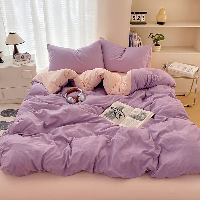 彩韵家纺 2025新款超柔云感m双层纱四件套 双拼-星野紫+蜜豆粉