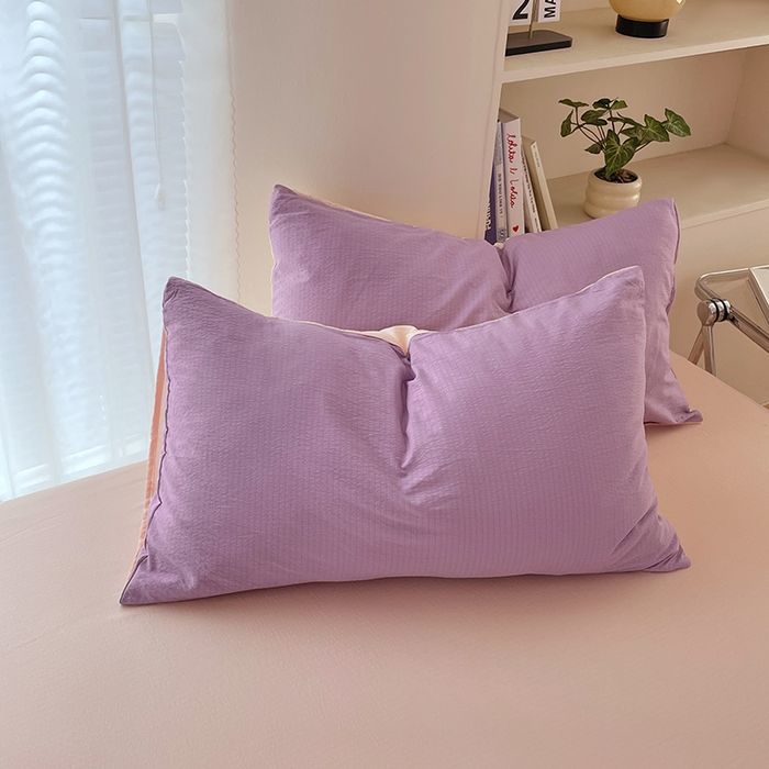 91家纺网 家纺一手货源 找家纺 彩韵家纺 2025新款超柔云感m双层纱四件套 双拼-星野紫+蜜豆粉