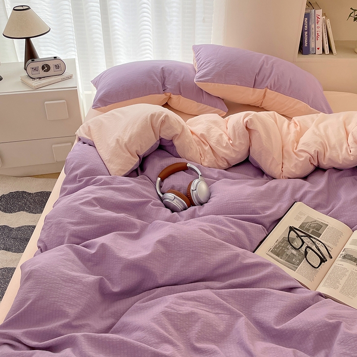 91家纺网 家纺一手货源 找家纺 彩韵家纺 2025新款超柔云感m双层纱四件套 双拼-星野紫+蜜豆粉