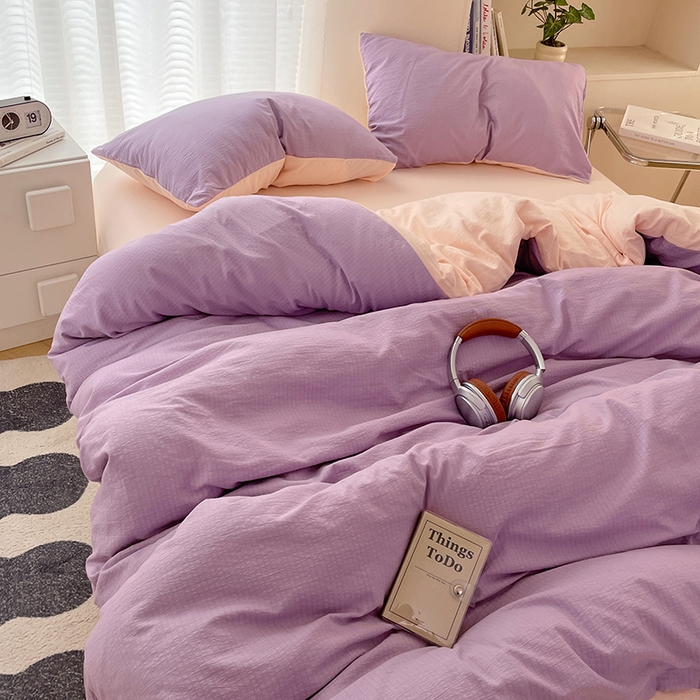 91家纺网 家纺一手货源 找家纺 彩韵家纺 2025新款超柔云感m双层纱四件套 双拼-星野紫+蜜豆粉