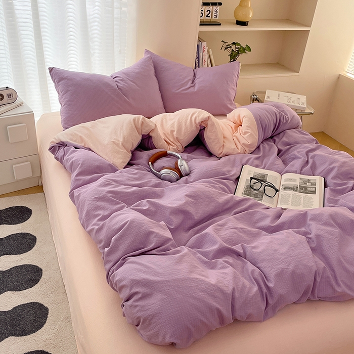 91家纺网 家纺一手货源 找家纺 彩韵家纺 2025新款超柔云感m双层纱四件套 双拼-星野紫+蜜豆粉