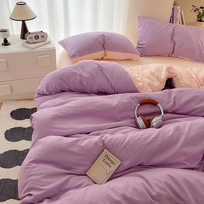 91家纺网 家纺一手货源 找家纺 彩韵家纺 2025新款超柔云感m双层纱四件套 双拼-星野紫+蜜豆粉