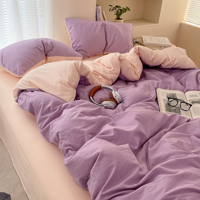 91家纺网 家纺一手货源 找家纺 彩韵家纺 2025新款超柔云感m双层纱四件套 双拼-星野紫+蜜豆粉