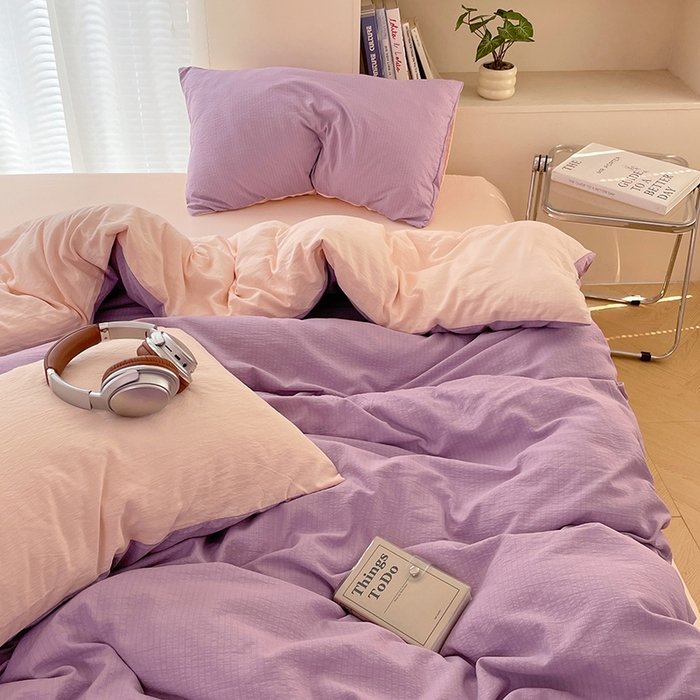 91家纺网 家纺一手货源 找家纺 彩韵家纺 2025新款超柔云感m双层纱四件套 双拼-星野紫+蜜豆粉