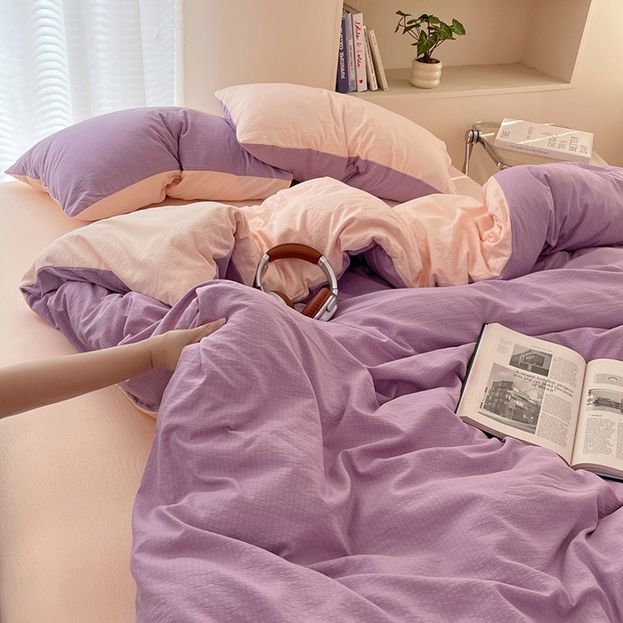 91家纺网 家纺一手货源 找家纺 彩韵家纺 2025新款超柔云感m双层纱四件套 双拼-星野紫+蜜豆粉