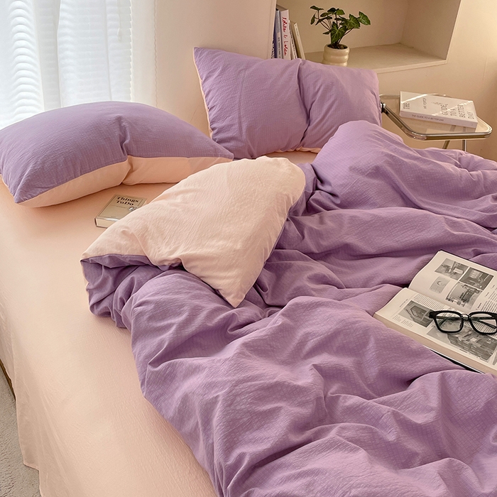 91家纺网 家纺一手货源 找家纺 彩韵家纺 2025新款超柔云感m双层纱四件套 双拼-星野紫+蜜豆粉