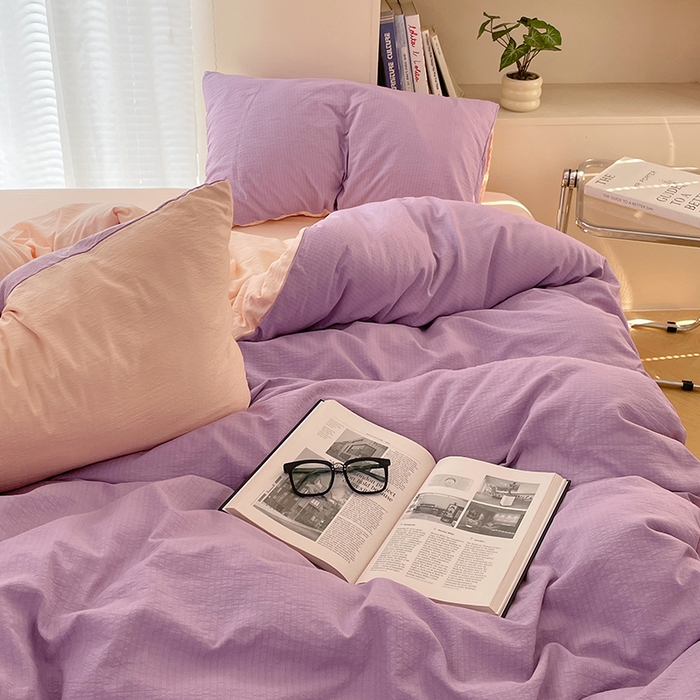 91家纺网 家纺一手货源 找家纺 彩韵家纺 2025新款超柔云感m双层纱四件套 双拼-星野紫+蜜豆粉