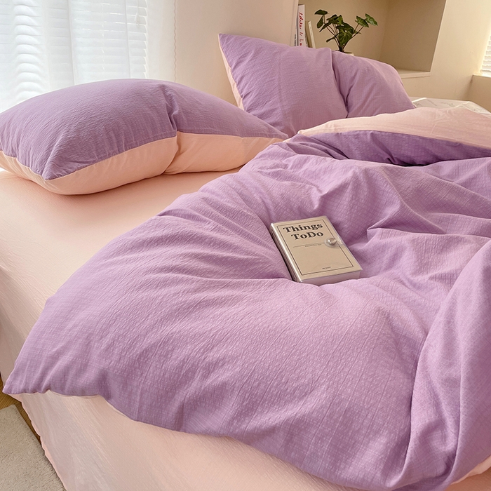 91家纺网 家纺一手货源 找家纺 彩韵家纺 2025新款超柔云感m双层纱四件套 双拼-星野紫+蜜豆粉