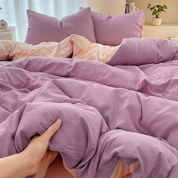 91家纺网 家纺一手货源 找家纺 彩韵家纺 2025新款超柔云感m双层纱四件套 双拼-星野紫+蜜豆粉