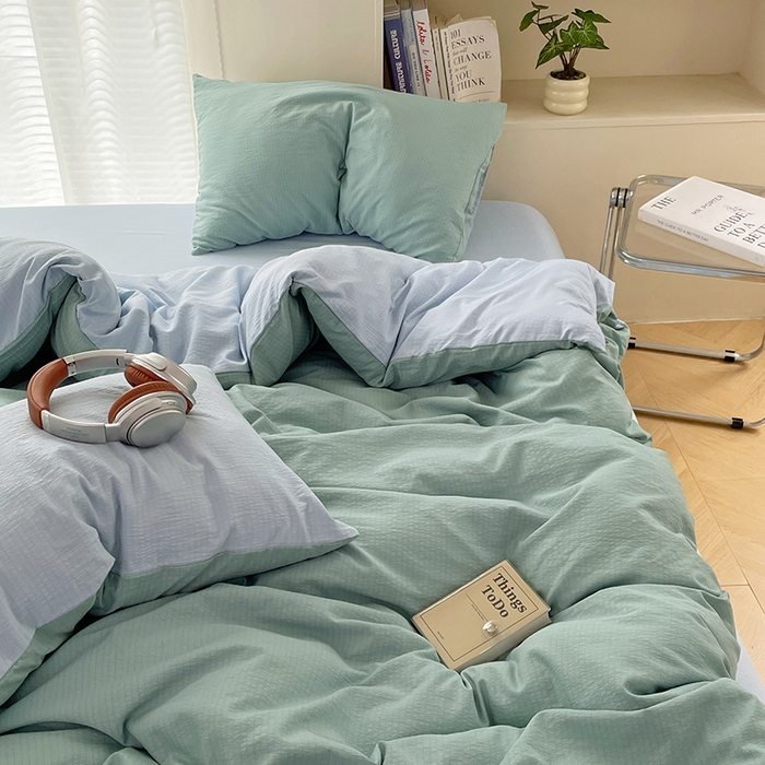 91家纺网 家纺一手货源 找家纺 彩韵家纺 2025新款超柔云感m双层纱四件套 双拼-月光绿+冰川灰