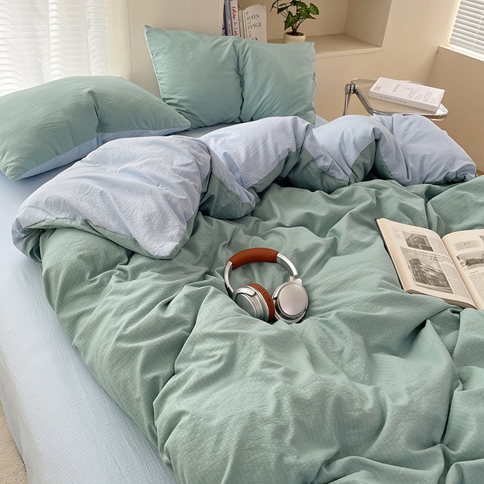 91家纺网 家纺一手货源 找家纺 彩韵家纺 2025新款超柔云感m双层纱四件套 双拼-月光绿+冰川灰