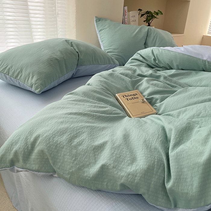 91家纺网 家纺一手货源 找家纺 彩韵家纺 2025新款超柔云感m双层纱四件套 双拼-月光绿+冰川灰