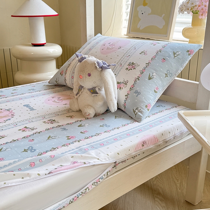 91家纺网 家纺一手货源 找家纺 多品家纺 2025春夏新款超柔水洗棉学生宿舍床垫套 兔兔庄园