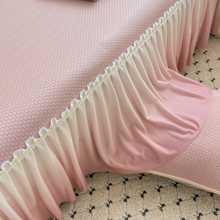 91家纺网 家纺一手货源 找家纺 美优兰2025新款PE提花凉感冰豆豆床裙 初夏粉