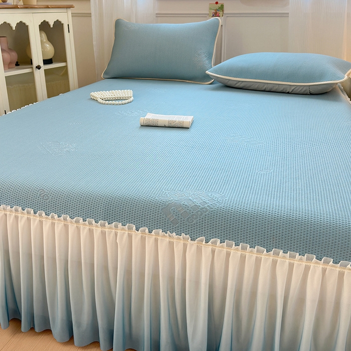 91家纺网 家纺一手货源 找家纺 美优兰2025新款PE提花凉感冰豆豆床裙 M豆蓝