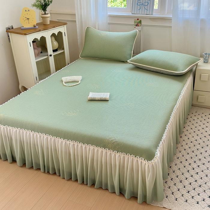 91家纺网 家纺一手货源 找家纺 美优兰2025新款PE提花凉感冰豆豆床裙 M豆绿