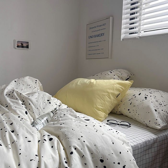 91家纺网 家纺一手货源 找家纺 柚可家居 2024新款40支斜纹纯棉四件套-摩卡点点 失焦黑白