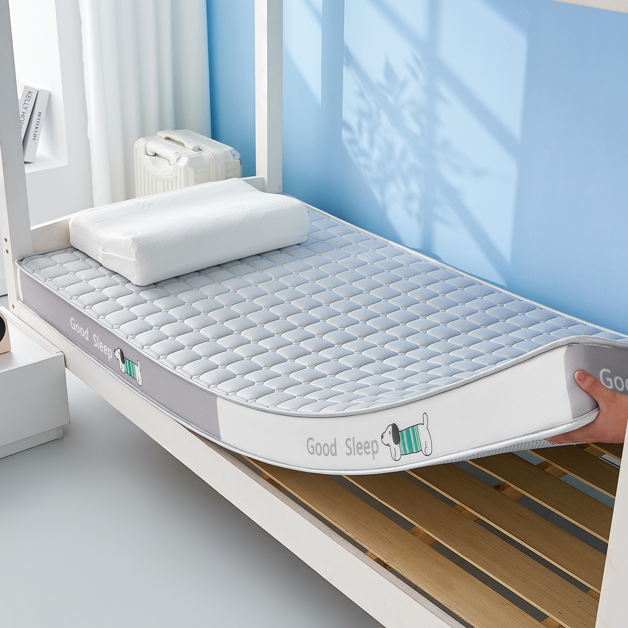 91家纺网 家纺一手货源 找家纺 元昊床垫 2025新款牛奶丝乳胶记忆海绵学生床垫 旺旺狗-布丁灰