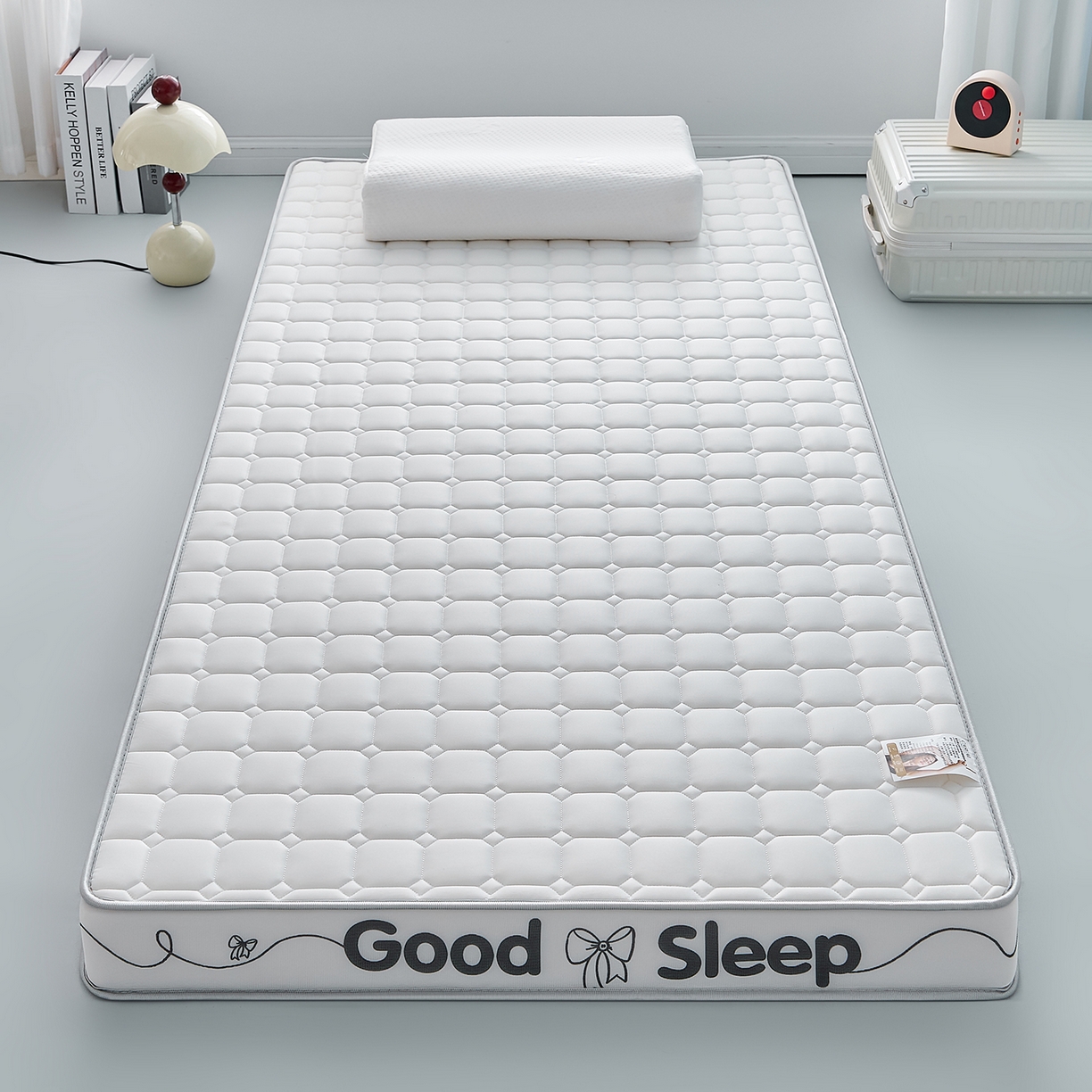 91家纺网 家纺一手货源 找家纺 元昊床垫 2025新款牛奶丝乳胶记忆海绵学生床垫 蝴蝶结-向往白