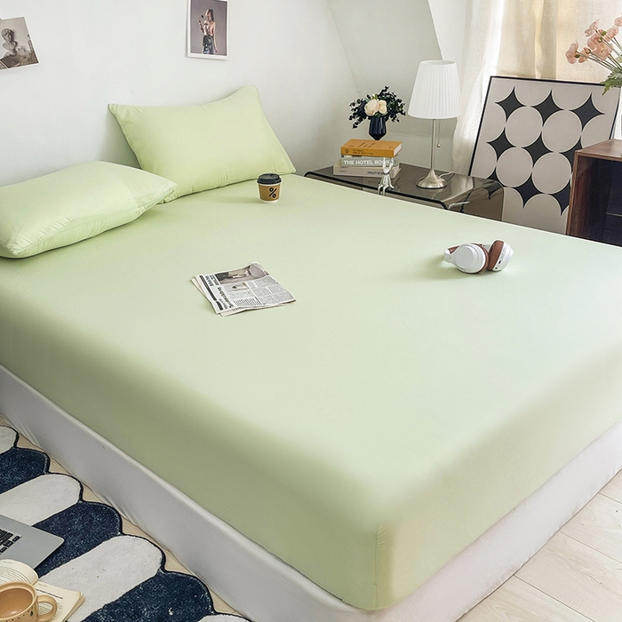 91家纺网 家纺一手货源 找家纺 北辰 2025新款简约素色云朵棉可水洗纯色床笠单件三件套 薄荷绿