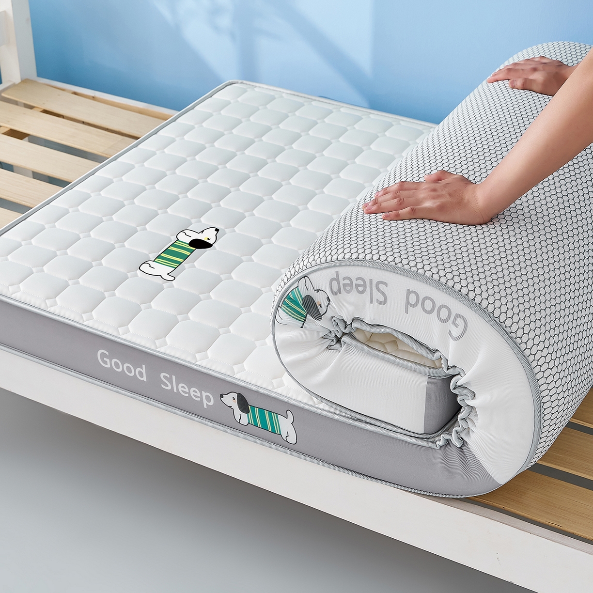 91家纺网 家纺一手货源 找家纺 元昊床垫 2025新款牛奶丝乳胶记忆海绵学生床垫 旺旺狗-布丁白