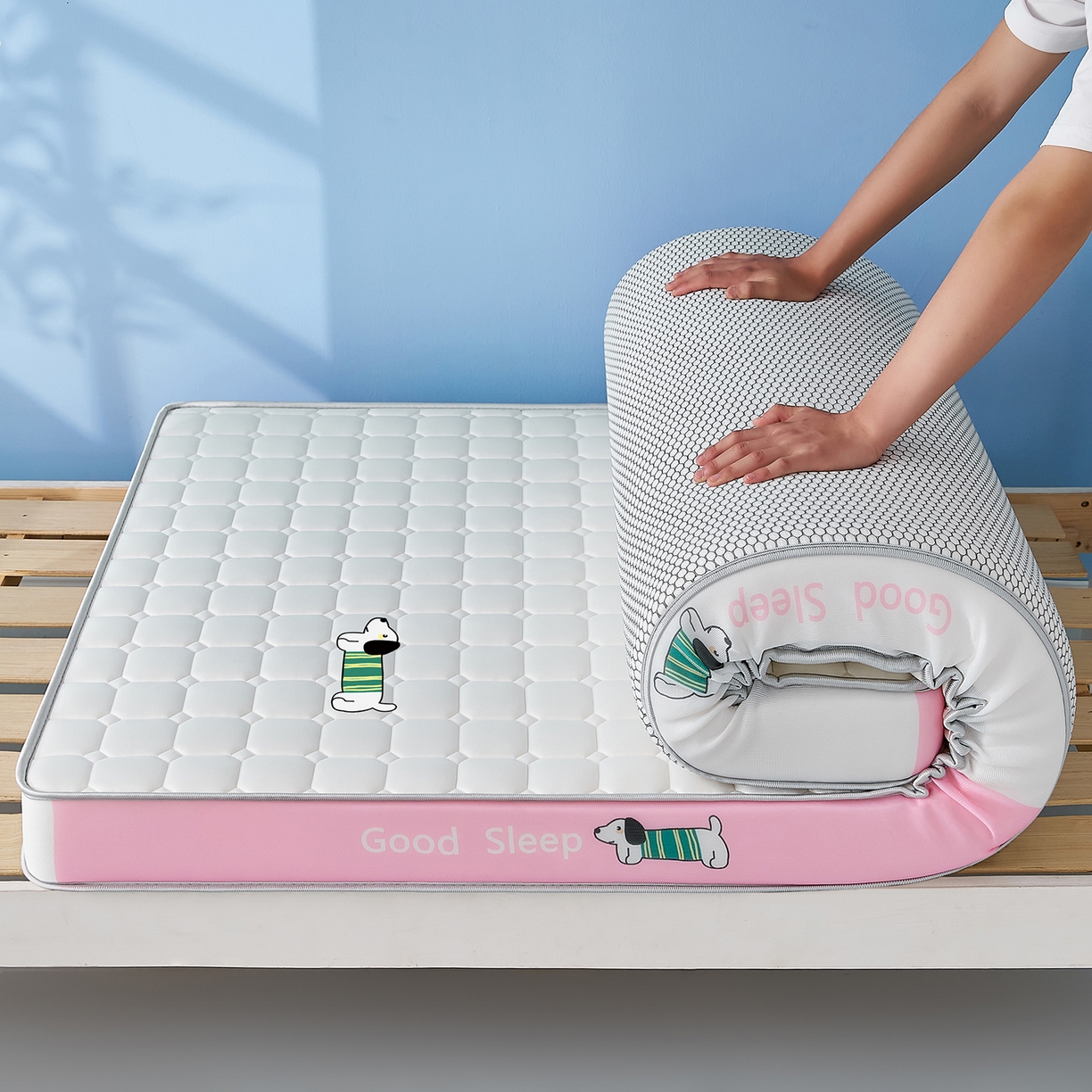 91家纺网 家纺一手货源 找家纺 元昊床垫 2025新款牛奶丝乳胶记忆海绵学生床垫 旺旺狗-布丁粉