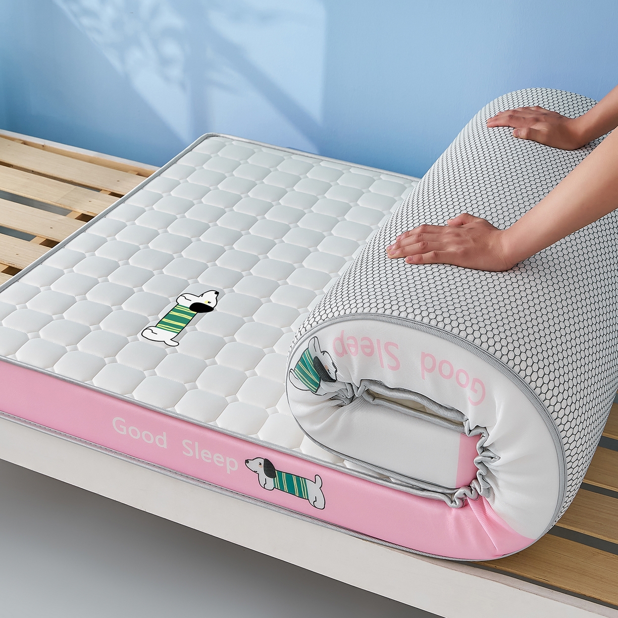 91家纺网 家纺一手货源 找家纺 元昊床垫 2025新款牛奶丝乳胶记忆海绵学生床垫 旺旺狗-布丁粉