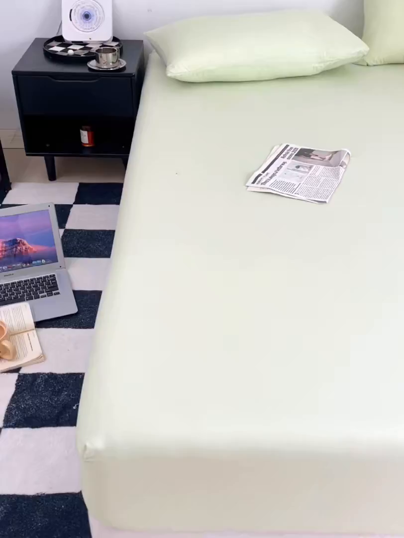 91家纺网 家纺一手货源 找家纺 北辰 2025新款简约素色云朵棉可水洗纯色床笠单件三件套 薄荷绿