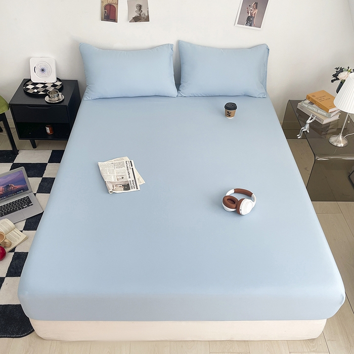 91家纺网 家纺一手货源 找家纺 北辰 2025新款简约素色云朵棉可水洗纯色床笠单件三件套 冰川蓝