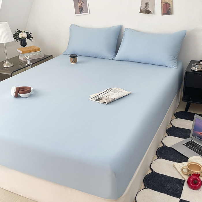 91家纺网 家纺一手货源 找家纺 北辰 2025新款简约素色云朵棉可水洗纯色床笠单件三件套 冰川蓝