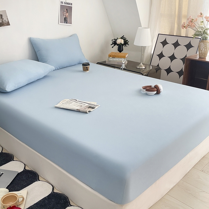 91家纺网 家纺一手货源 找家纺 北辰 2025新款简约素色云朵棉可水洗纯色床笠单件三件套 冰川蓝