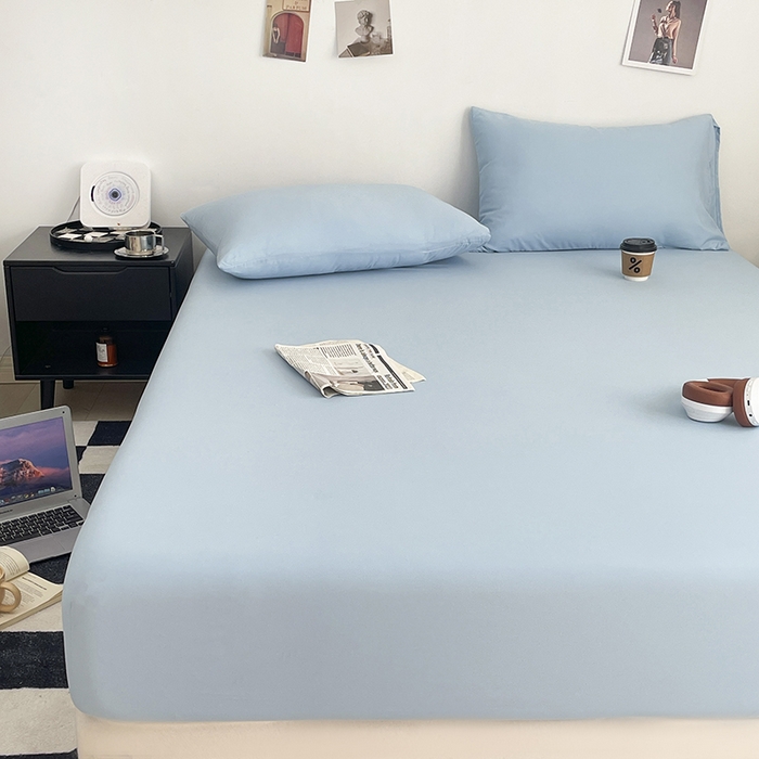 91家纺网 家纺一手货源 找家纺 北辰 2025新款简约素色云朵棉可水洗纯色床笠单件三件套 冰川蓝