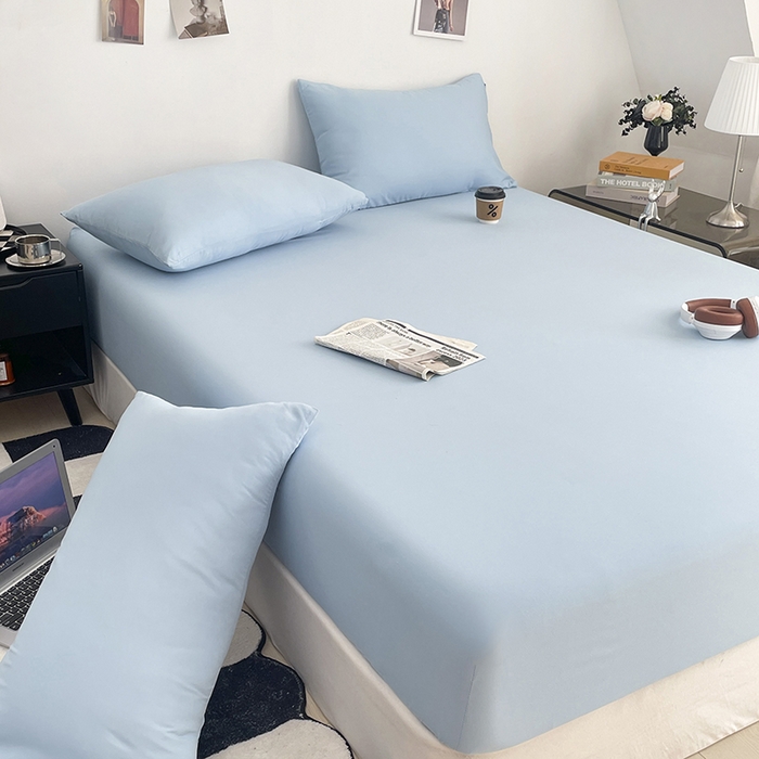 91家纺网 家纺一手货源 找家纺 北辰 2025新款简约素色云朵棉可水洗纯色床笠单件三件套 冰川蓝