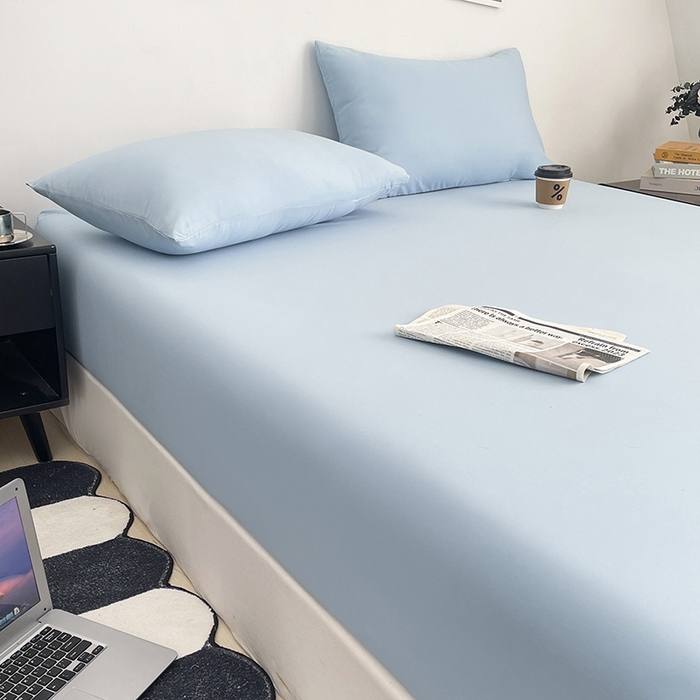 91家纺网 家纺一手货源 找家纺 北辰 2025新款简约素色云朵棉可水洗纯色床笠单件三件套 冰川蓝