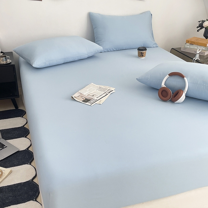 91家纺网 家纺一手货源 找家纺 北辰 2025新款简约素色云朵棉可水洗纯色床笠单件三件套 冰川蓝