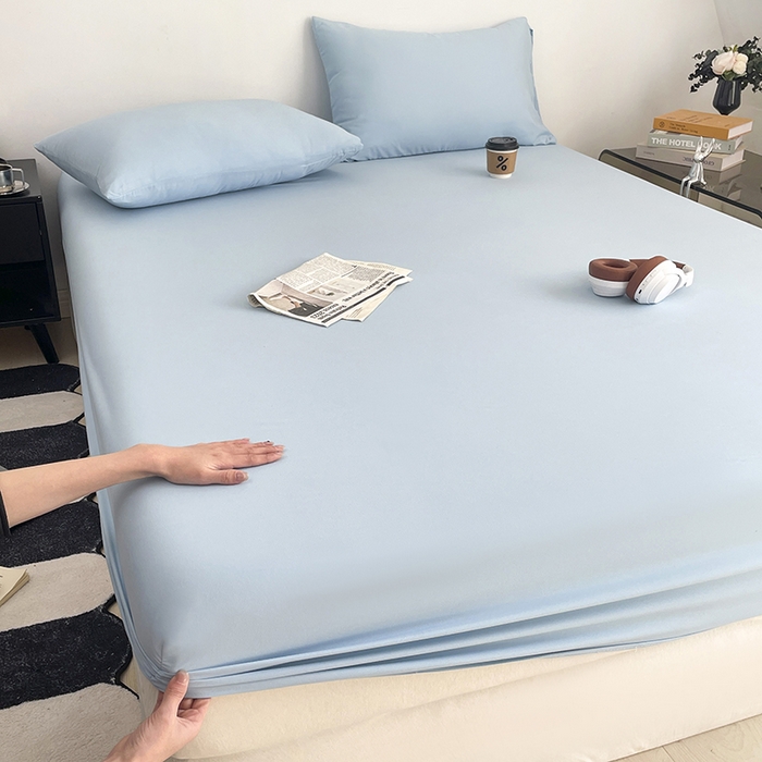 91家纺网 家纺一手货源 找家纺 北辰 2025新款简约素色云朵棉可水洗纯色床笠单件三件套 冰川蓝