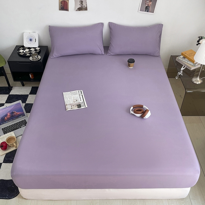 91家纺网 家纺一手货源 找家纺 北辰 2025新款简约素色云朵棉可水洗纯色床笠单件三件套 豆沙紫