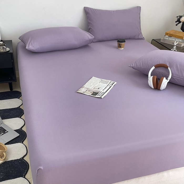 91家纺网 家纺一手货源 找家纺 北辰 2025新款简约素色云朵棉可水洗纯色床笠单件三件套 豆沙紫