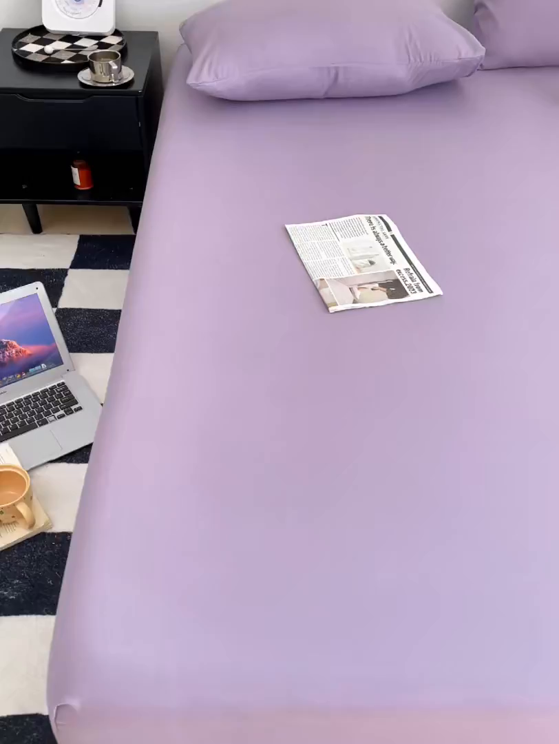 91家纺网 家纺一手货源 找家纺 北辰 2025新款简约素色云朵棉可水洗纯色床笠单件三件套 豆沙紫