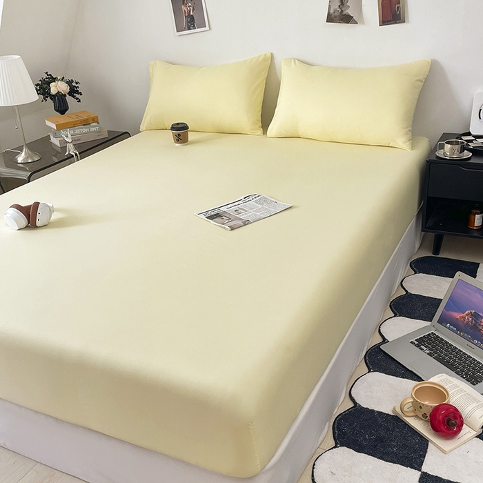 91家纺网 家纺一手货源 找家纺 北辰 2025新款简约素色云朵棉可水洗纯色床笠单件三件套 麦芽黄