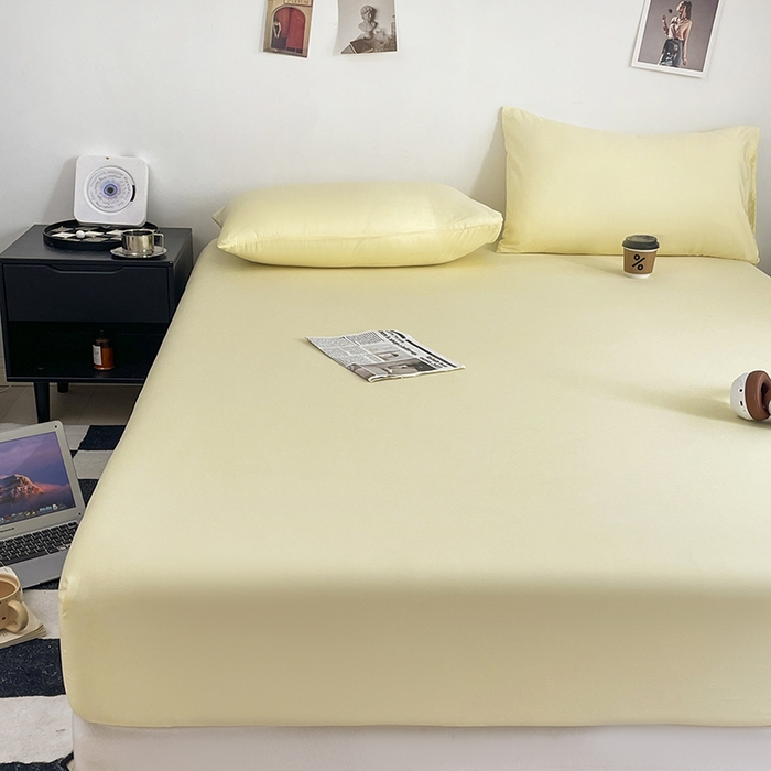 91家纺网 家纺一手货源 找家纺 北辰 2025新款简约素色云朵棉可水洗纯色床笠单件三件套 麦芽黄