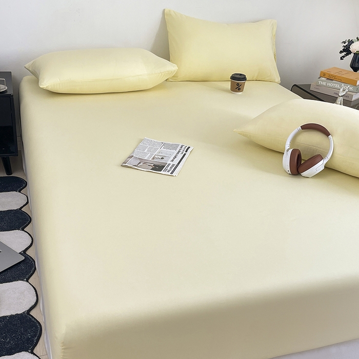 91家纺网 家纺一手货源 找家纺 北辰 2025新款简约素色云朵棉可水洗纯色床笠单件三件套 麦芽黄